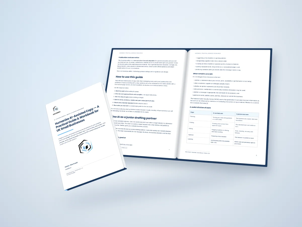 Open-book digital mockup showing pages 4 and 5 of Humanise AI-Assisted Copy — A Practical Guide & Workbook for UK Small Businesses