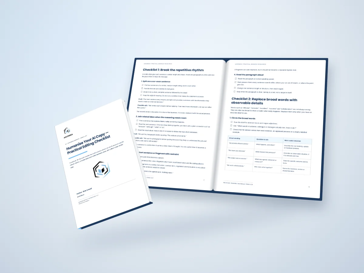 Open-book digital mockup showing pages 4 and 5 of Humanise Your AI Copy — Practical Editing Checklist
