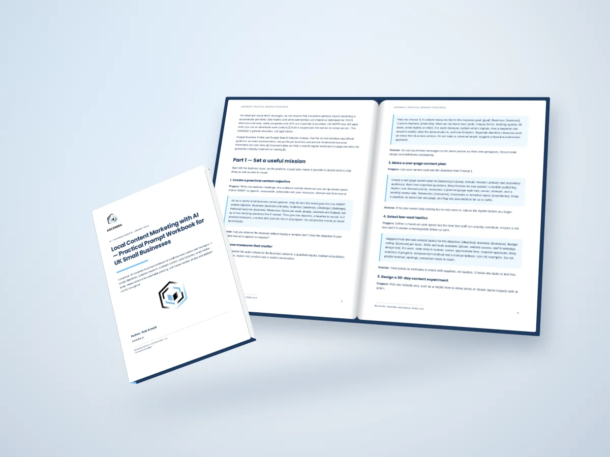 Open-book digital mockup showing pages 5 and 6 of Local Content Marketing with AI — Practical Prompt Workbook for UK Small Businesses