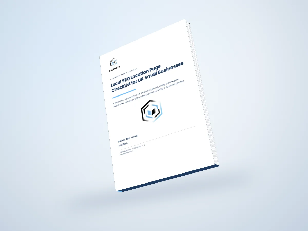 Digital 3D book mockup of Local SEO Location Page Checklist for UK Small Businesses