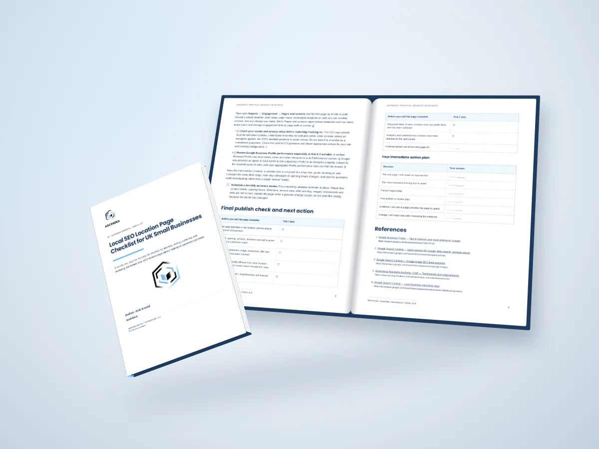 Open-book digital mockup showing pages 8 and 9 of Local SEO Location Page Checklist for UK Small Businesses