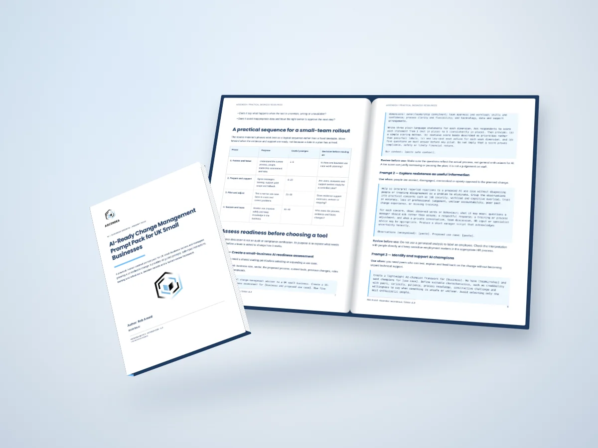 Open-book digital mockup showing pages 7 and 8 of AI-Ready Change Management Prompt Pack for UK Small Businesses