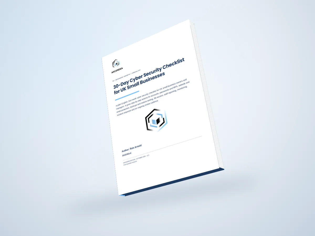 Digital 3D book mockup of 30-Day Cyber Security Checklist for UK Small Businesses