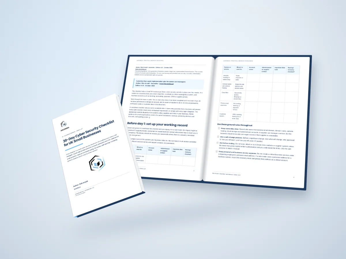 Open-book digital mockup showing pages 3 and 4 of 30-Day Cyber Security Checklist for UK Small Businesses