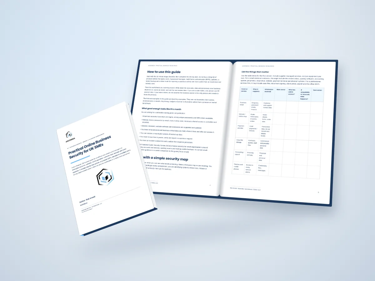 Open-book digital mockup showing pages 4 and 5 of Practical Online Business Security for UK SMEs