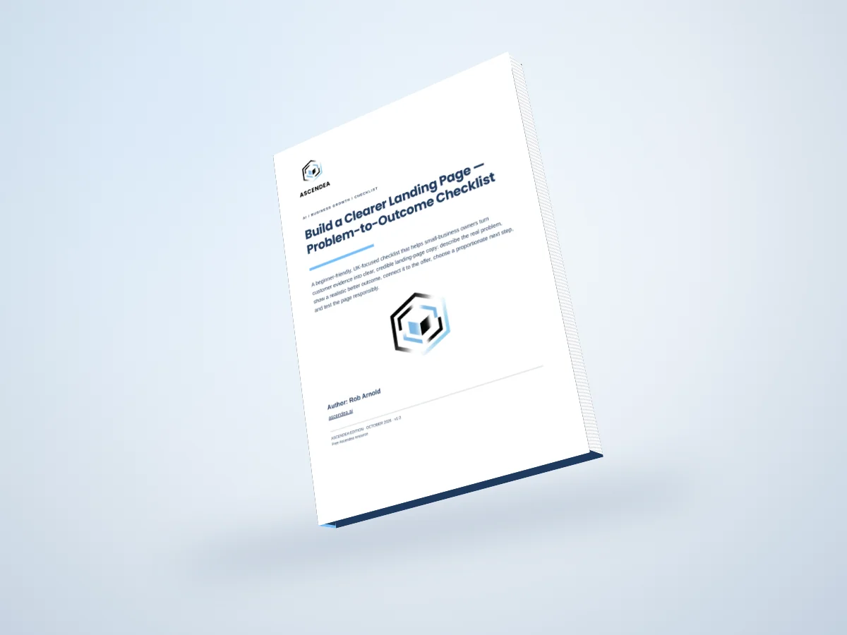 Digital 3D book mockup of Build a Clearer Landing Page — Problem-to-Outcome Checklist