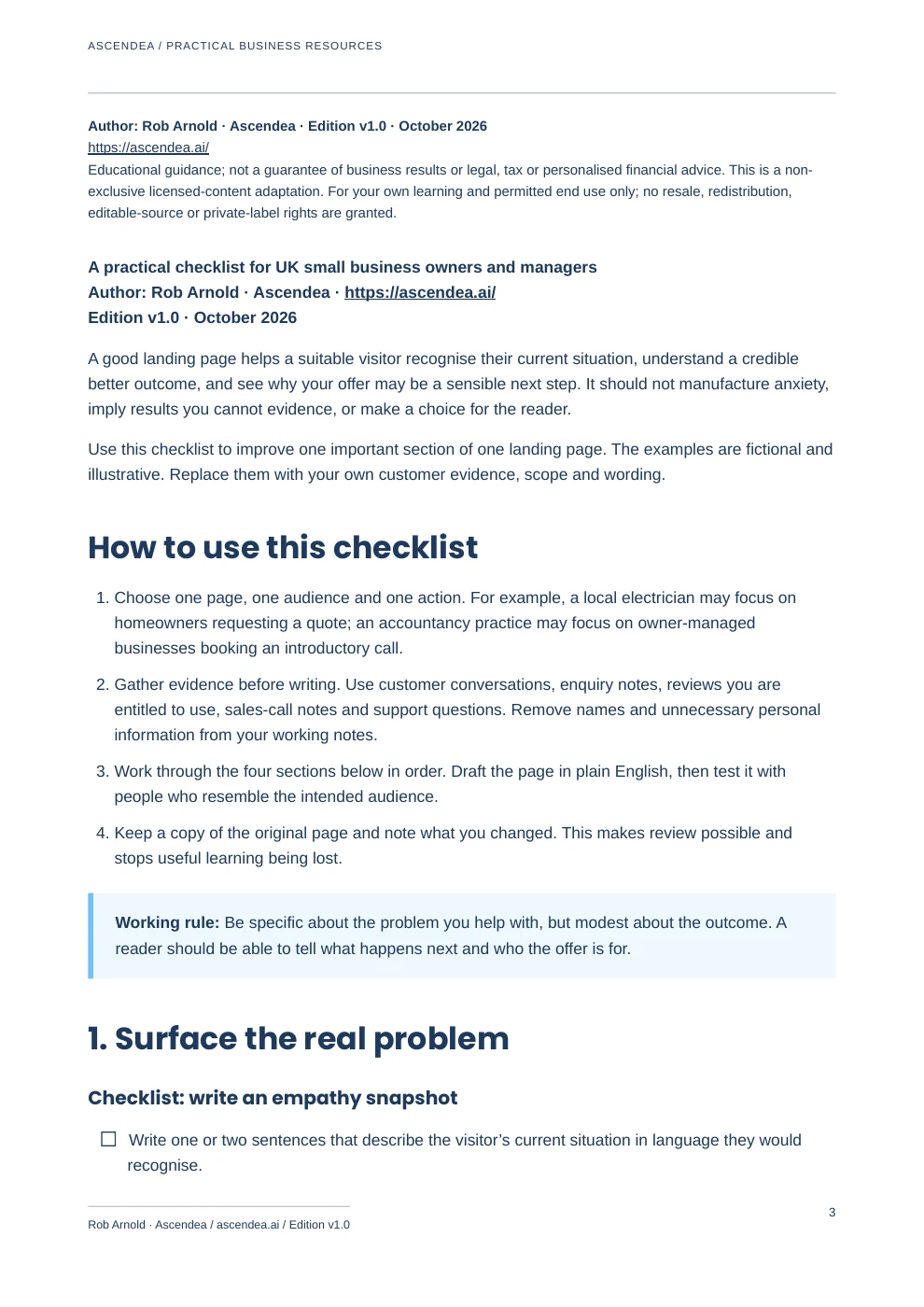 Preview of PDF page 3 from Build a Clearer Landing Page — Problem-to-Outcome Checklist