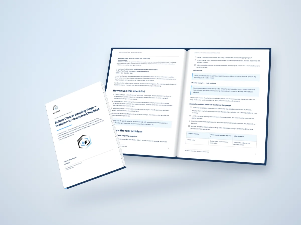 Open-book digital mockup showing pages 3 and 4 of Build a Clearer Landing Page — Problem-to-Outcome Checklist