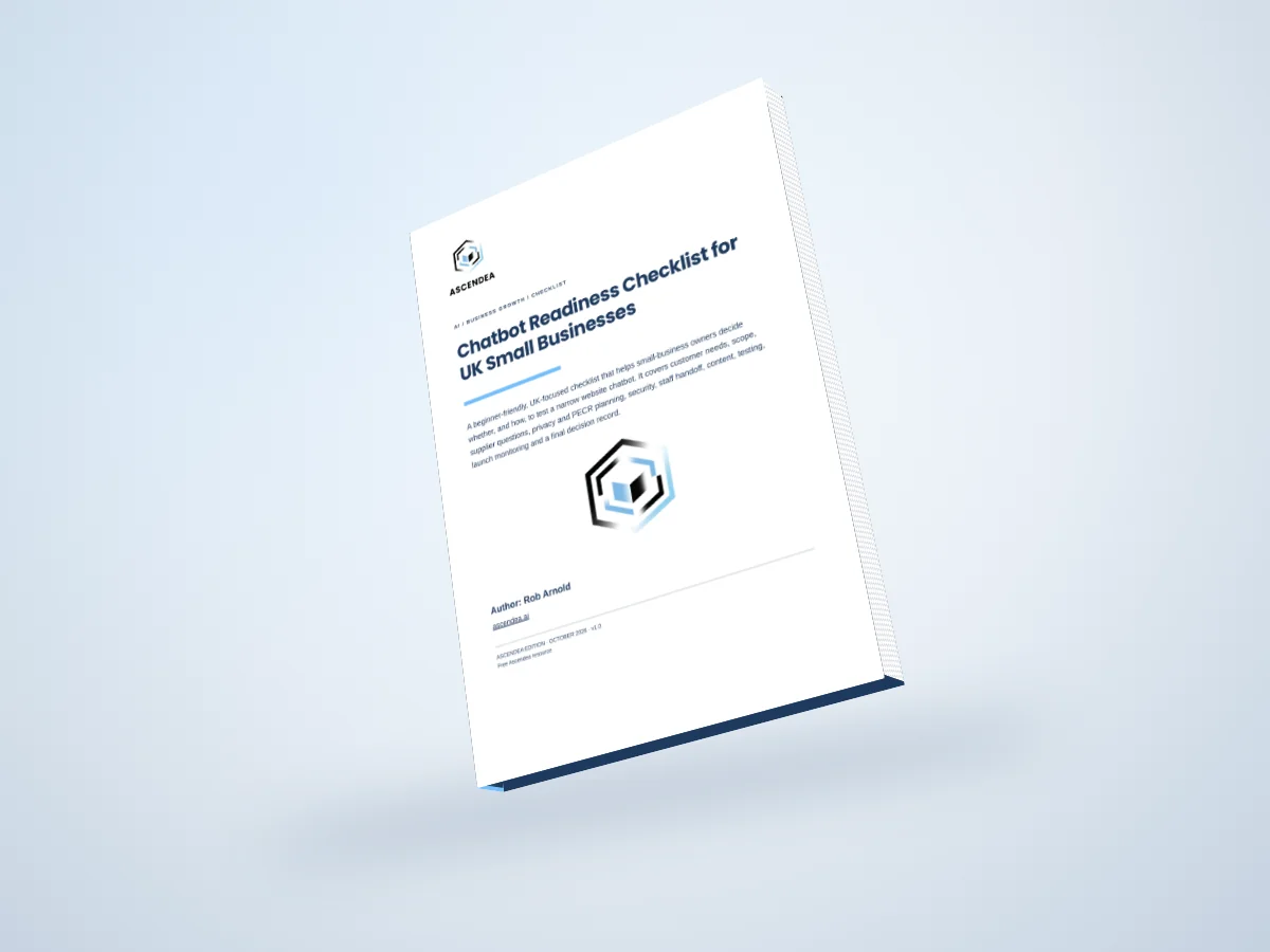 Digital 3D book mockup of Chatbot Readiness Checklist for UK Small Businesses