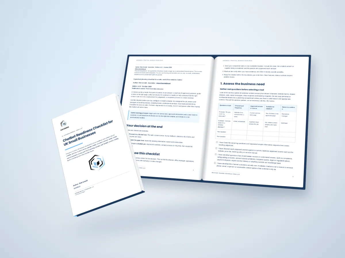Open-book digital mockup showing pages 3 and 4 of Chatbot Readiness Checklist for UK Small Businesses