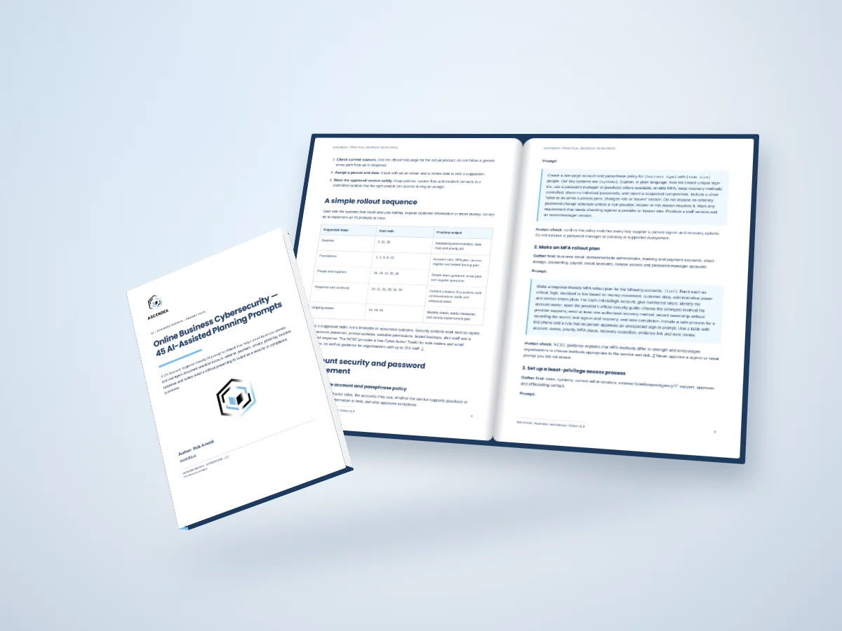 Open-book digital mockup showing pages 4 and 5 of Online Business Cybersecurity — 45 AI-Assisted Planning Prompts