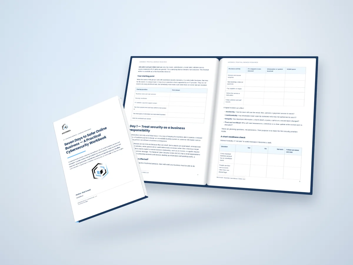 Open-book digital mockup showing pages 4 and 5 of Seven Days to Safer Online Business — A Practical Cybersecurity Workbook
