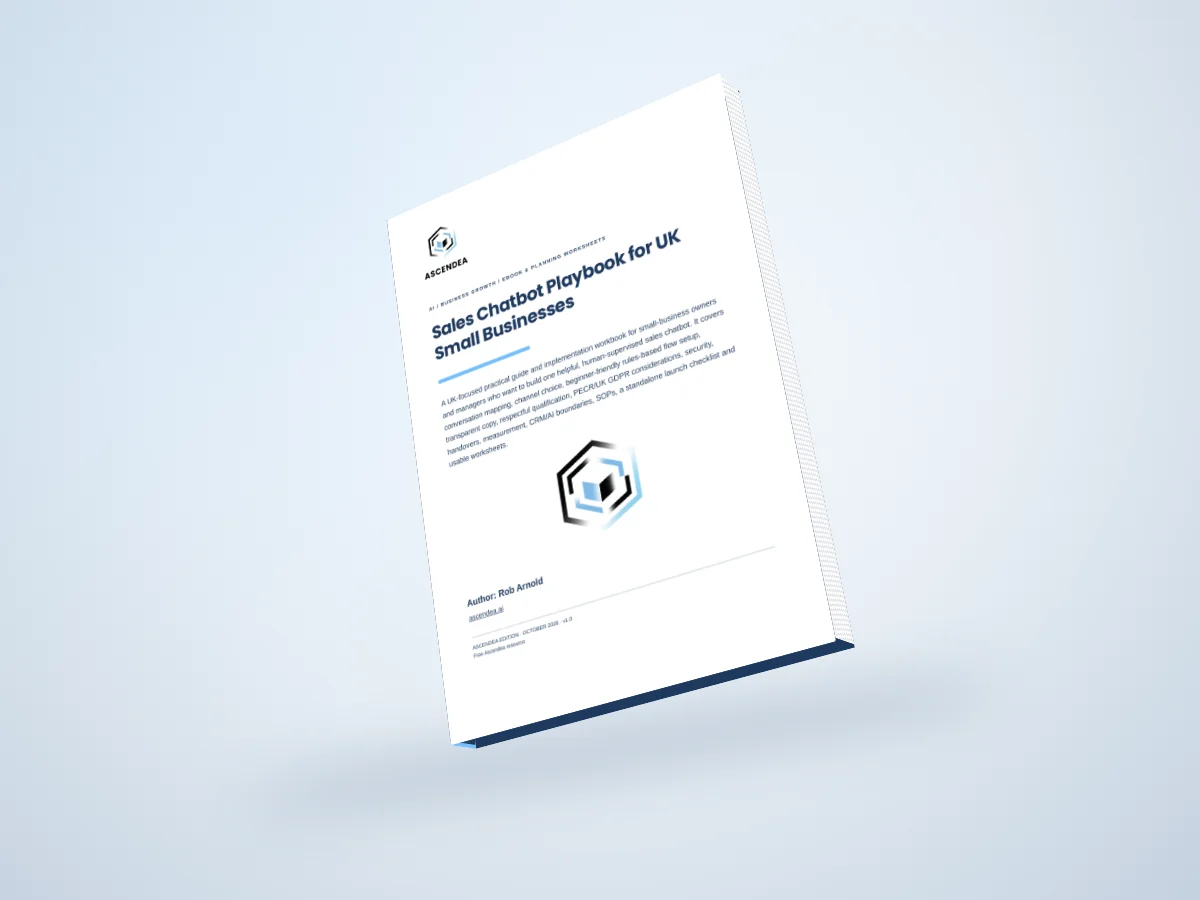 Digital 3D book mockup of Sales Chatbot Playbook for UK Small Businesses