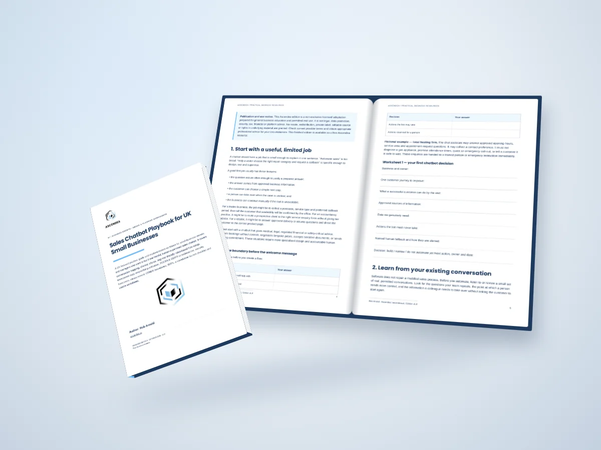 Open-book digital mockup showing pages 4 and 5 of Sales Chatbot Playbook for UK Small Businesses