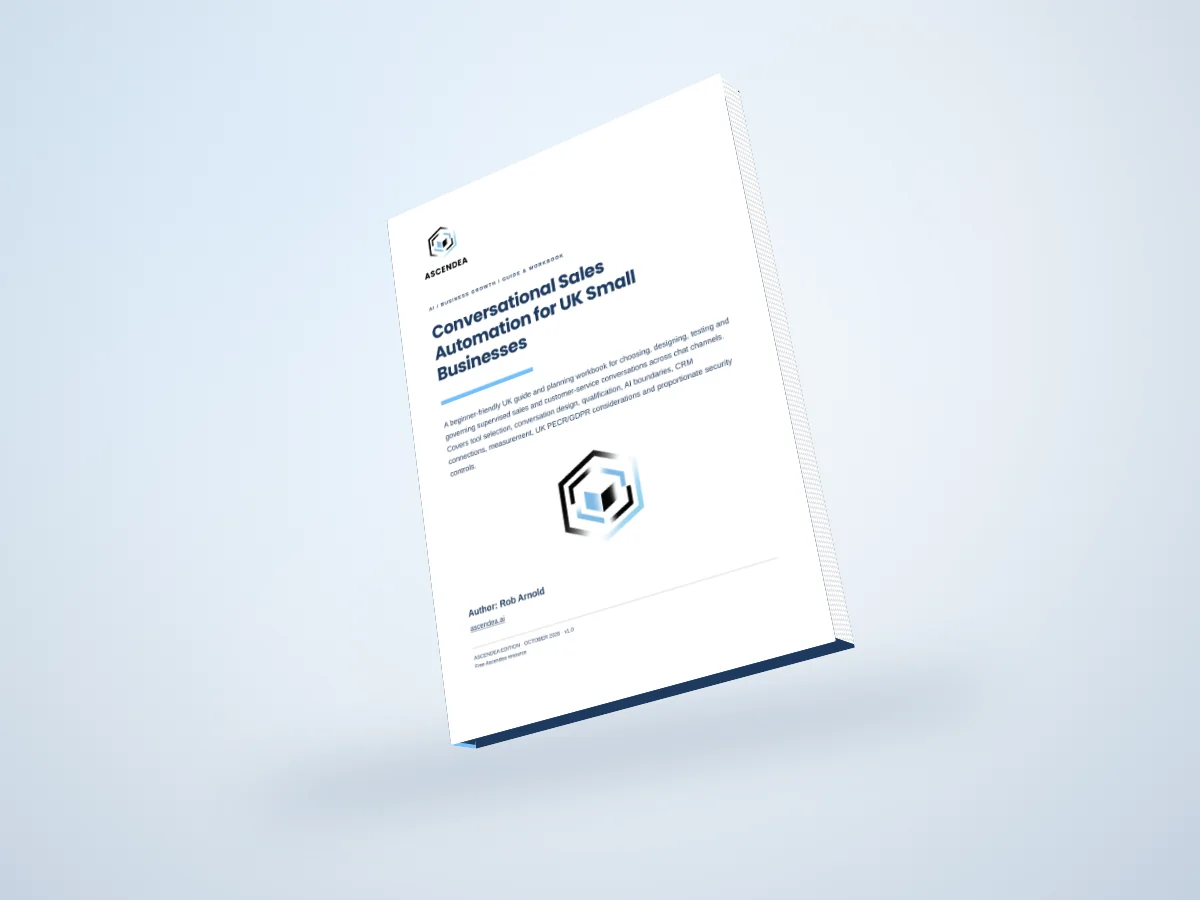 Digital 3D book mockup of Conversational Sales Automation for UK Small Businesses