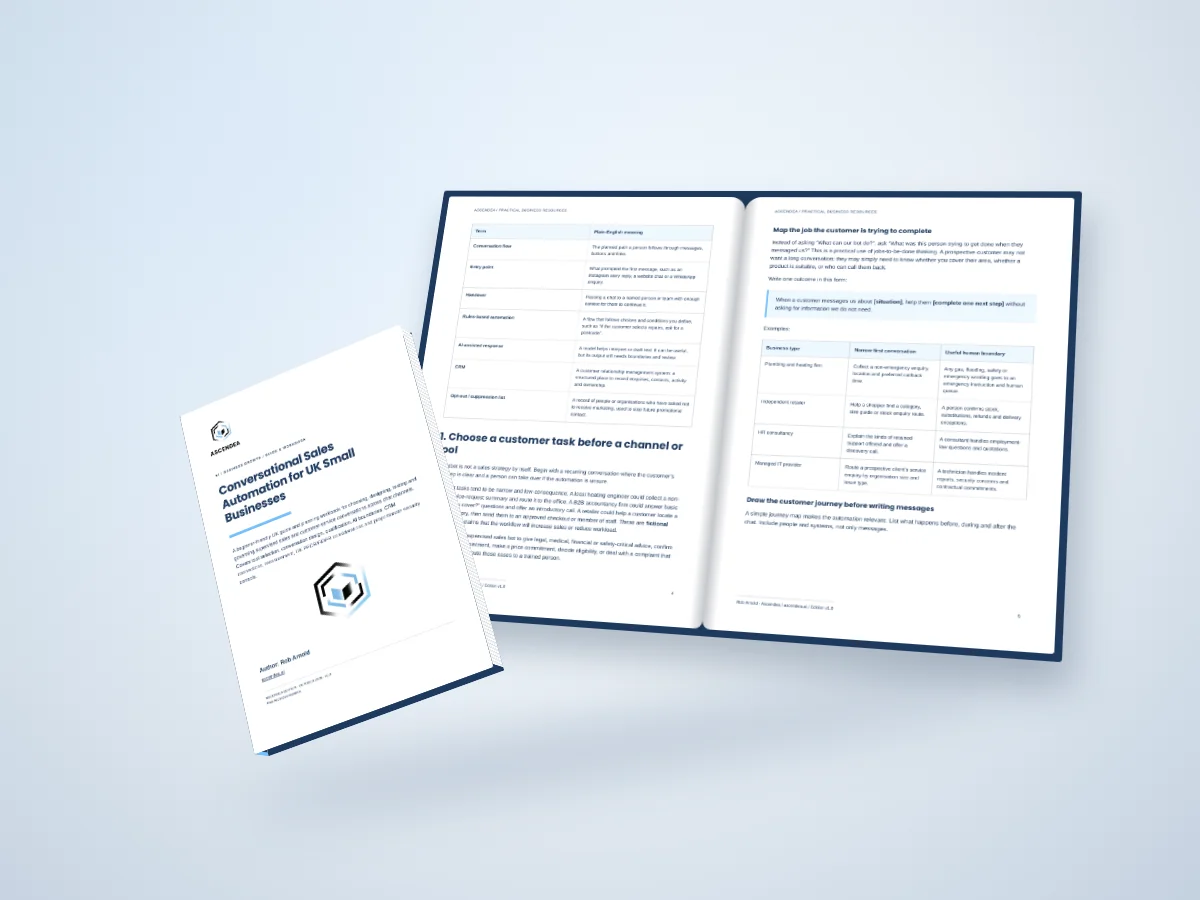 Open-book digital mockup showing pages 4 and 5 of Conversational Sales Automation for UK Small Businesses