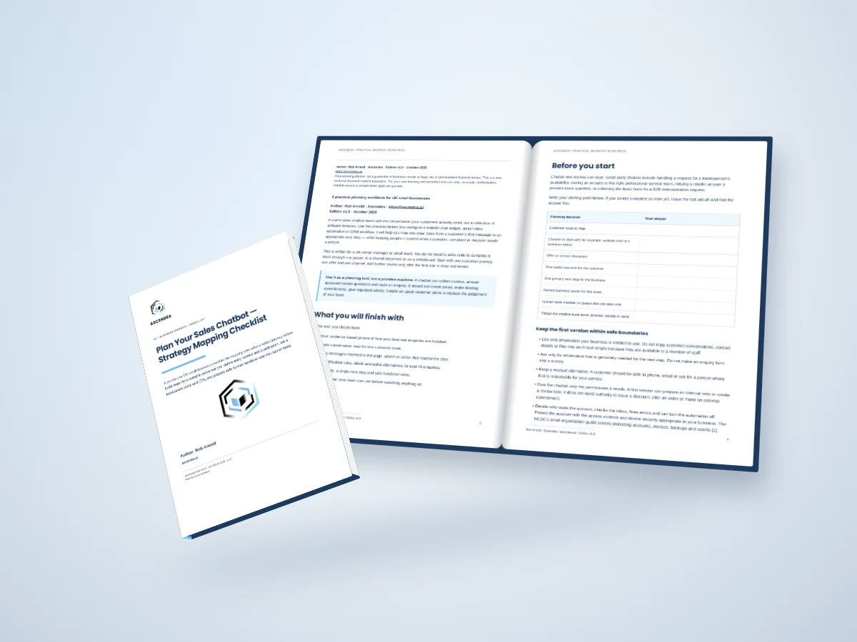 Open-book digital mockup showing pages 3 and 4 of Plan Your Sales Chatbot — Strategy Mapping Checklist