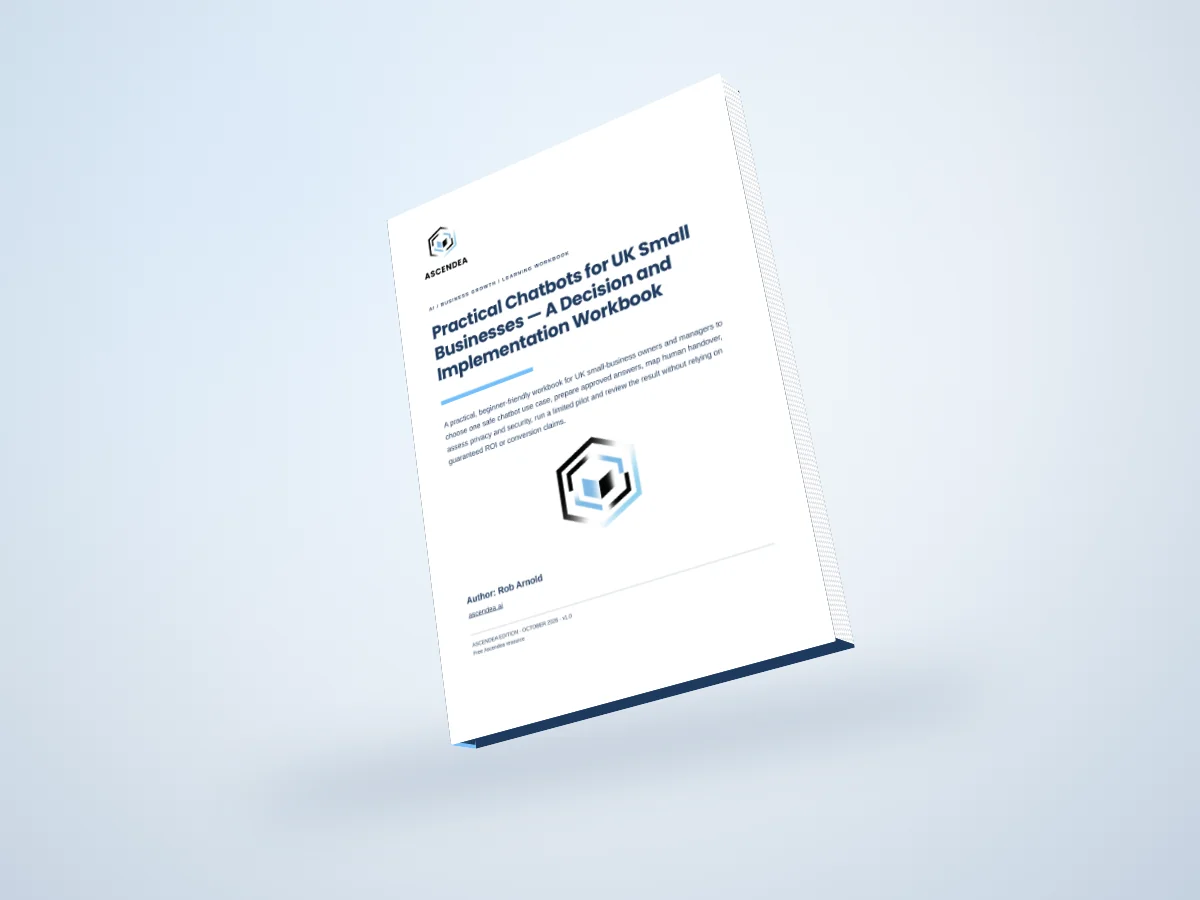 Digital 3D book mockup of Practical Chatbots for UK Small Businesses — A Decision and Implementation Workbook
