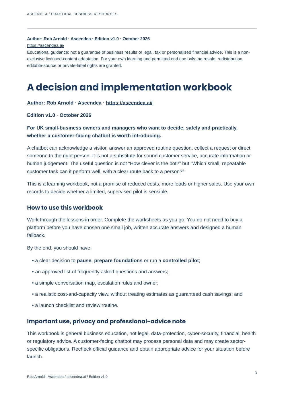 Preview of PDF page 3 from Practical Chatbots for UK Small Businesses — A Decision and Implementation Workbook