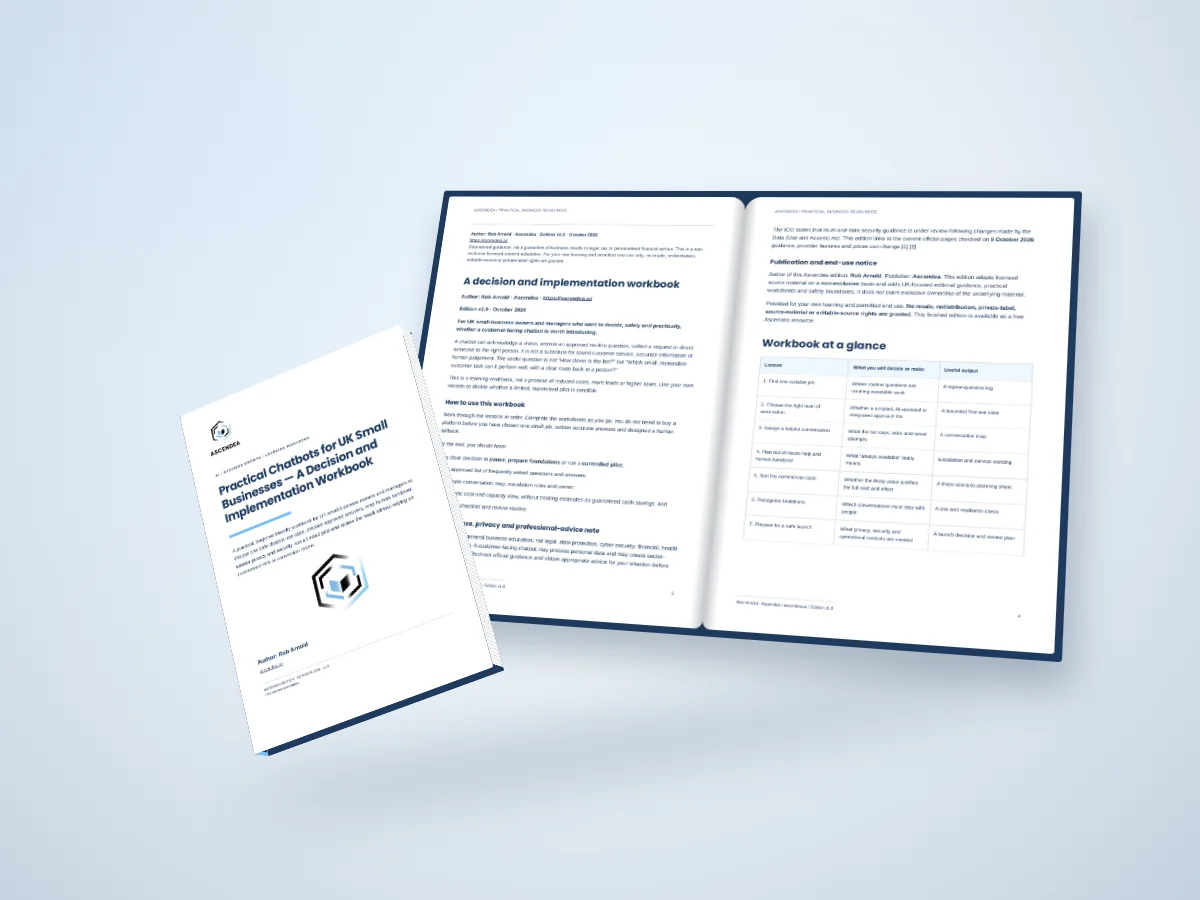 Open-book digital mockup showing pages 3 and 4 of Practical Chatbots for UK Small Businesses — A Decision and Implementation Workbook