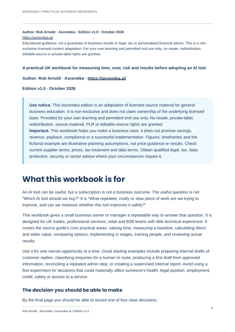 Preview of PDF page 3 from Assessing AI Tool Value — SME ROI Decision Workbook