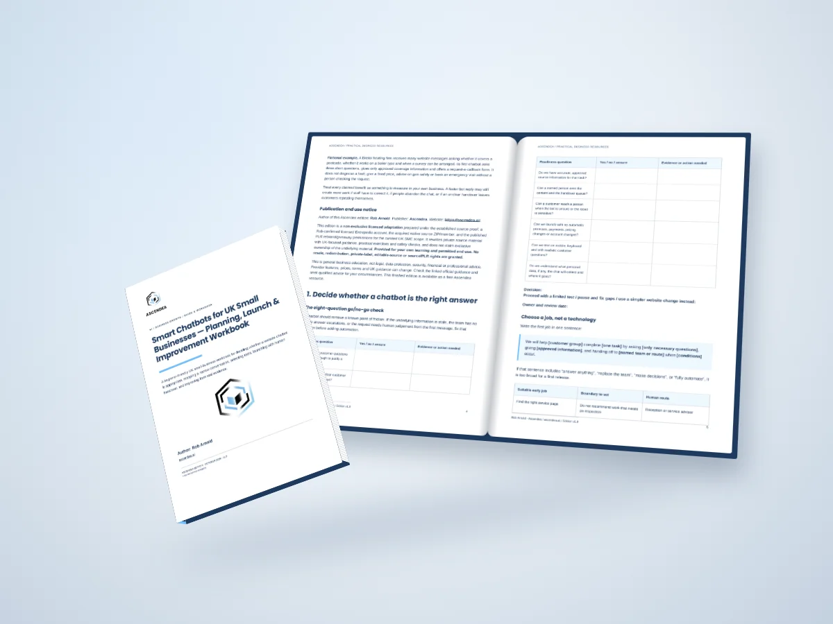 Open-book digital mockup showing pages 4 and 5 of Smart Chatbots for UK Small Businesses — Planning, Launch & Improvement Workbook