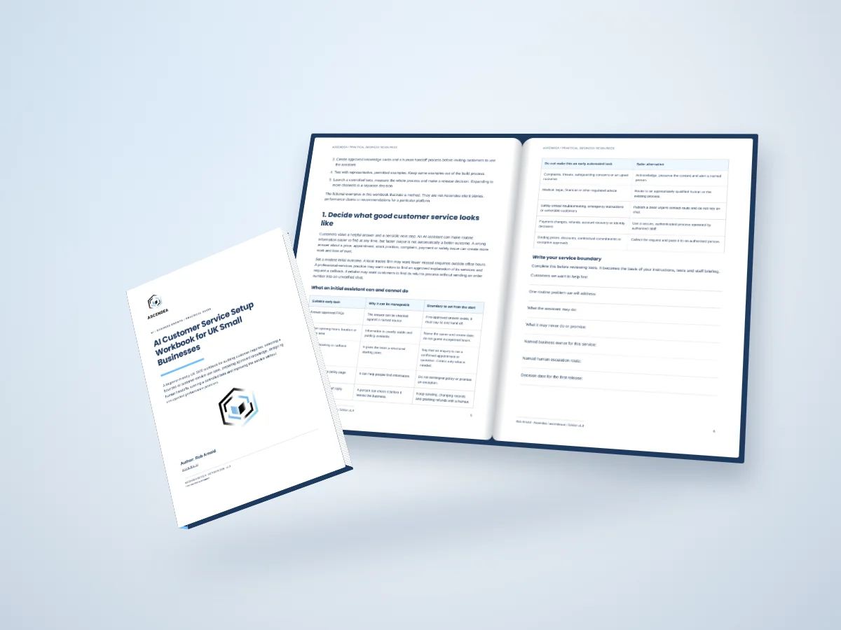 Open-book digital mockup showing pages 5 and 6 of AI Customer Service Setup Workbook for UK Small Businesses