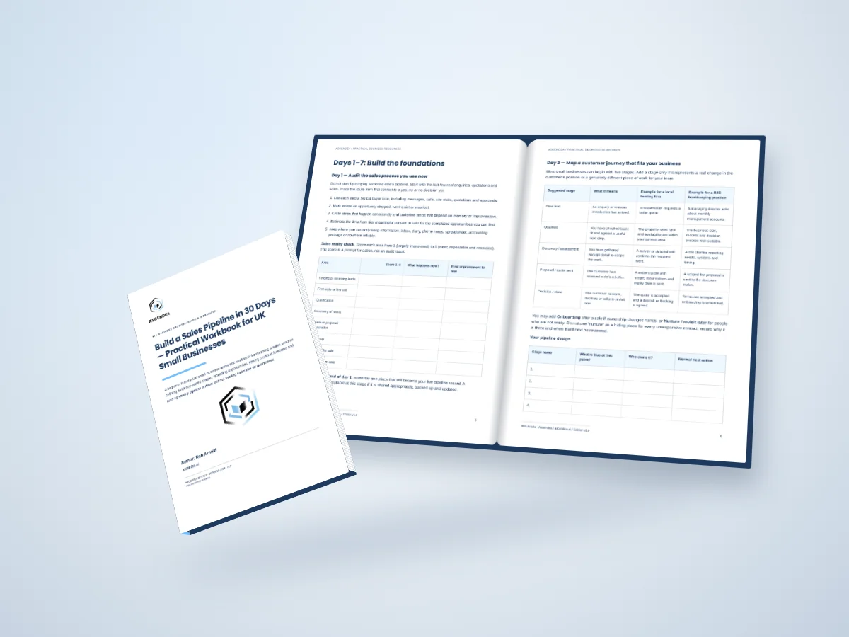 Open-book digital mockup showing pages 5 and 6 of Build a Sales Pipeline in 30 Days — Practical Workbook for UK Small Businesses