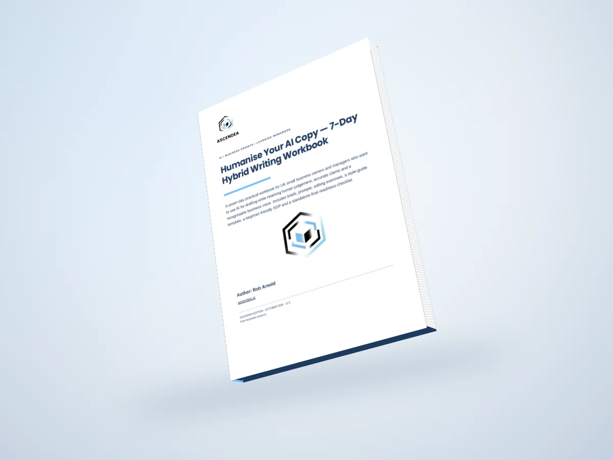 Digital 3D book mockup of Humanise Your AI Copy — 7-Day Hybrid Writing Workbook