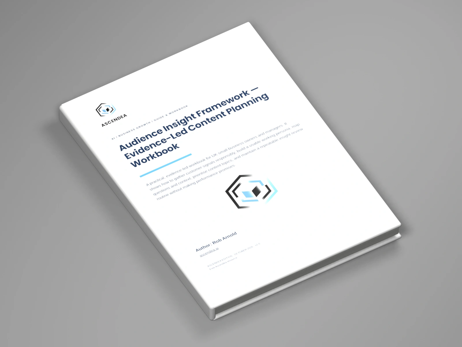 3D digital book mockup of Audience Insight Framework — Evidence-Led Content Planning Workbook