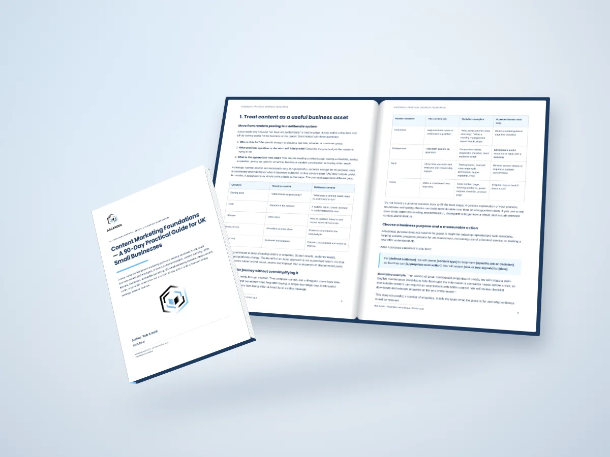 Open-book digital mockup showing pages 5 and 6 of Content Marketing Foundations — A 90-Day Practical Guide for UK Small Businesses