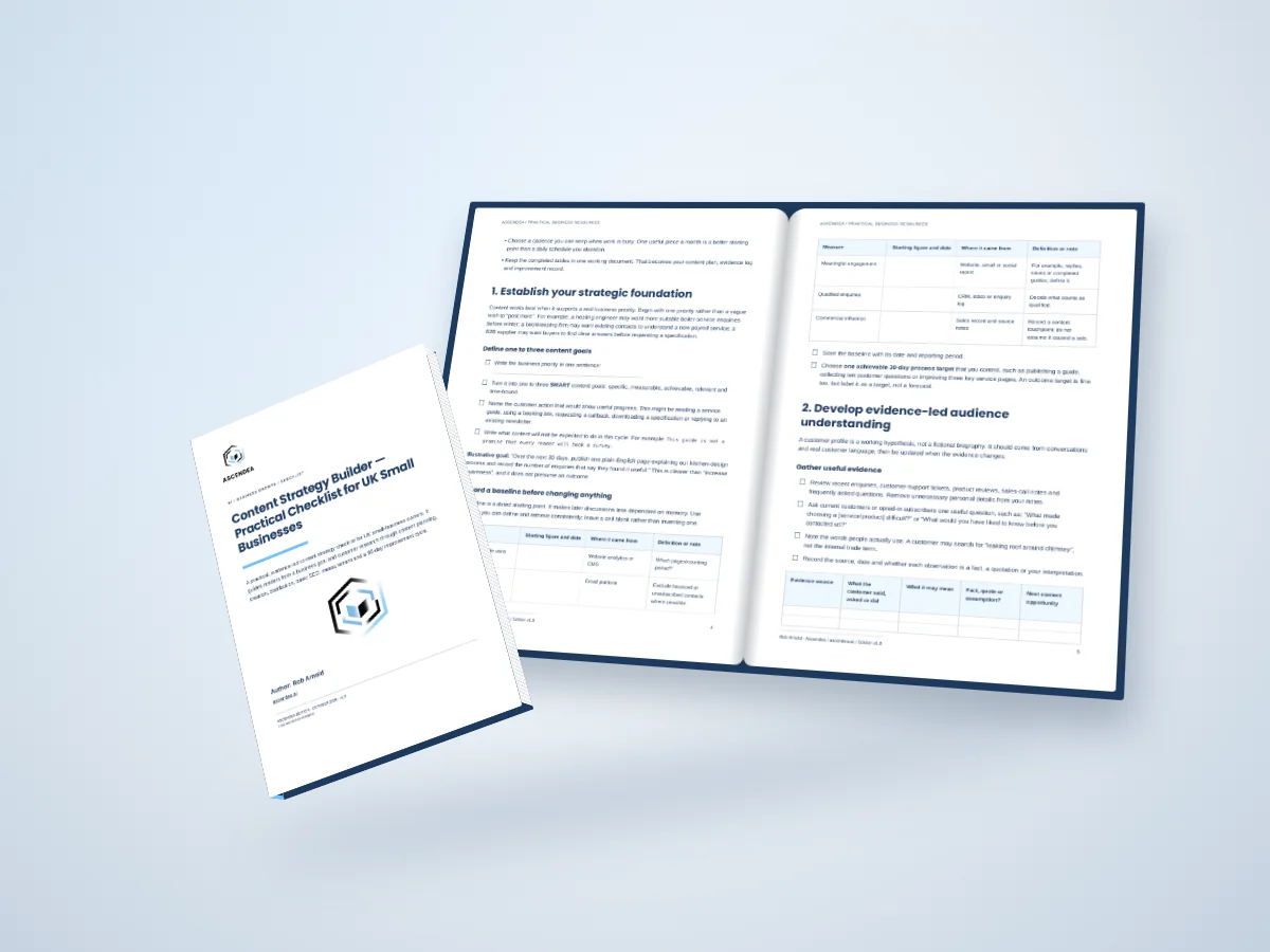 Open-book digital mockup showing pages 4 and 5 of Content Strategy Builder — Practical Checklist for UK Small Businesses