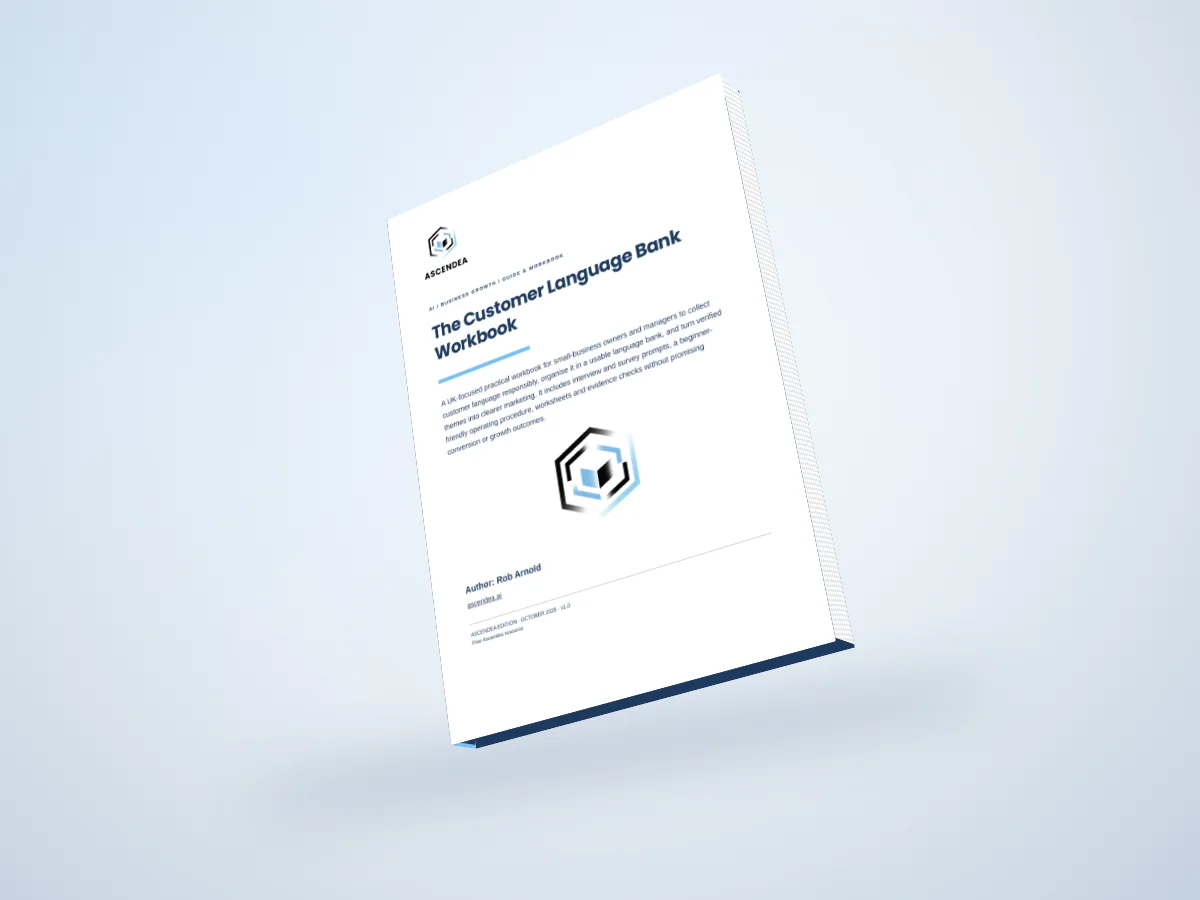 Digital 3D book mockup of The Customer Language Bank Workbook