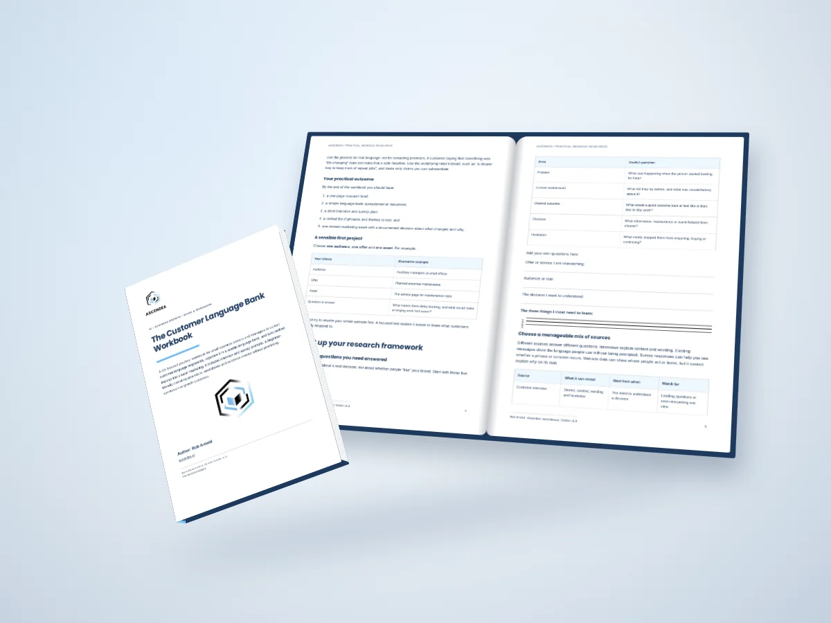 Open-book digital mockup showing pages 4 and 5 of The Customer Language Bank Workbook