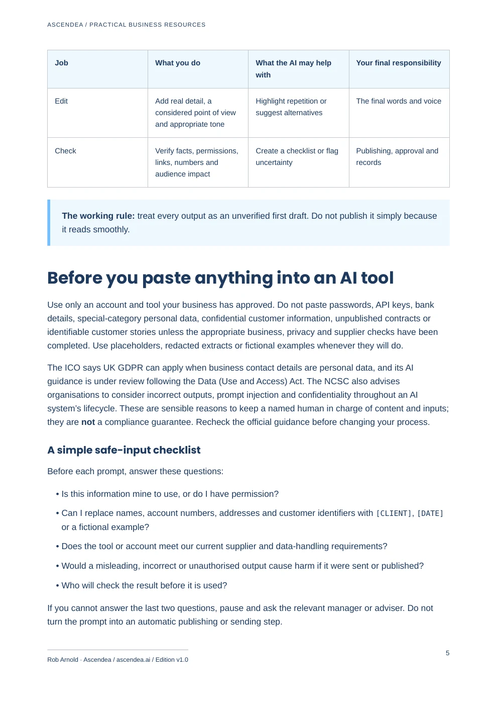 Preview of PDF page 5 from Humanise Your AI-Assisted Copy — A Practical Prompt Workbook for UK Small Businesses