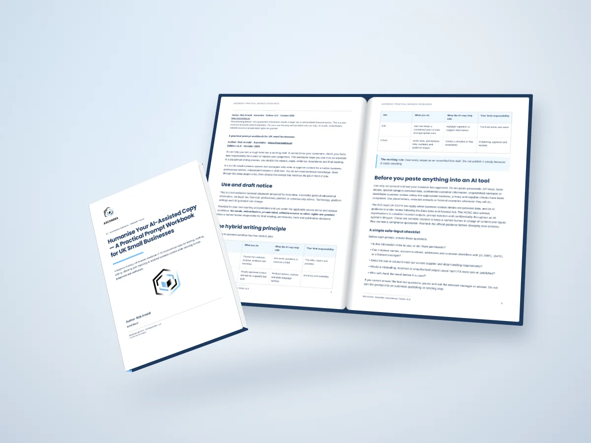 Open-book digital mockup showing pages 4 and 5 of Humanise Your AI-Assisted Copy — A Practical Prompt Workbook for UK Small Businesses