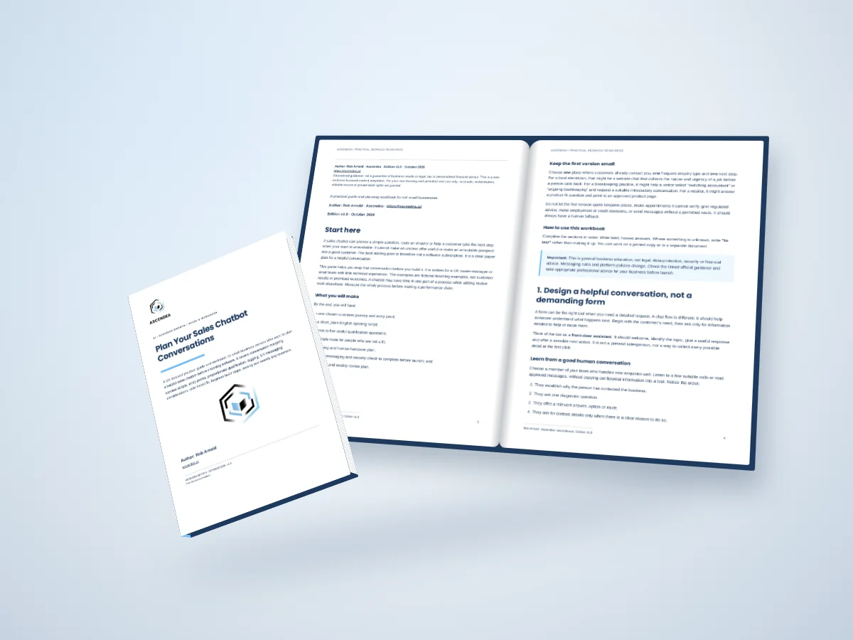 Open-book digital mockup showing pages 3 and 4 of Plan Your Sales Chatbot Conversations