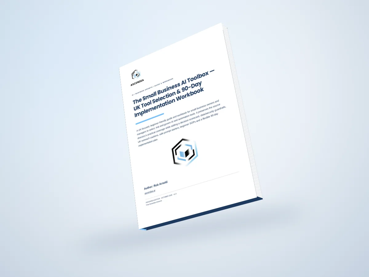 Digital 3D book mockup of The Small Business AI Toolbox — UK Tool Selection & 90-Day Implementation Workbook