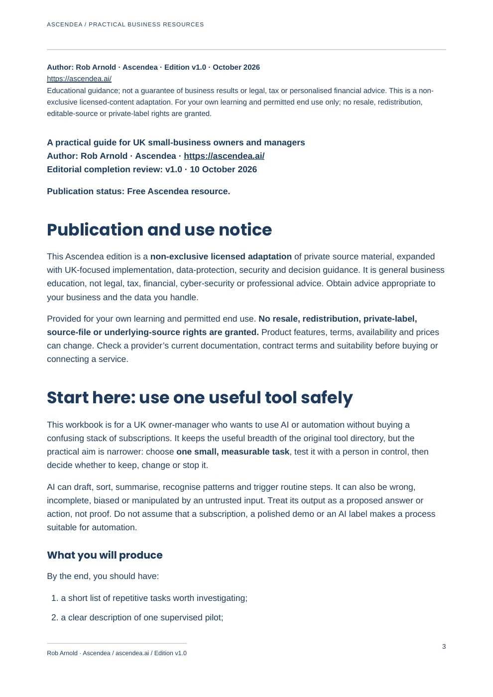 Preview of PDF page 3 from The Small Business AI Toolbox — UK Tool Selection & 90-Day Implementation Workbook