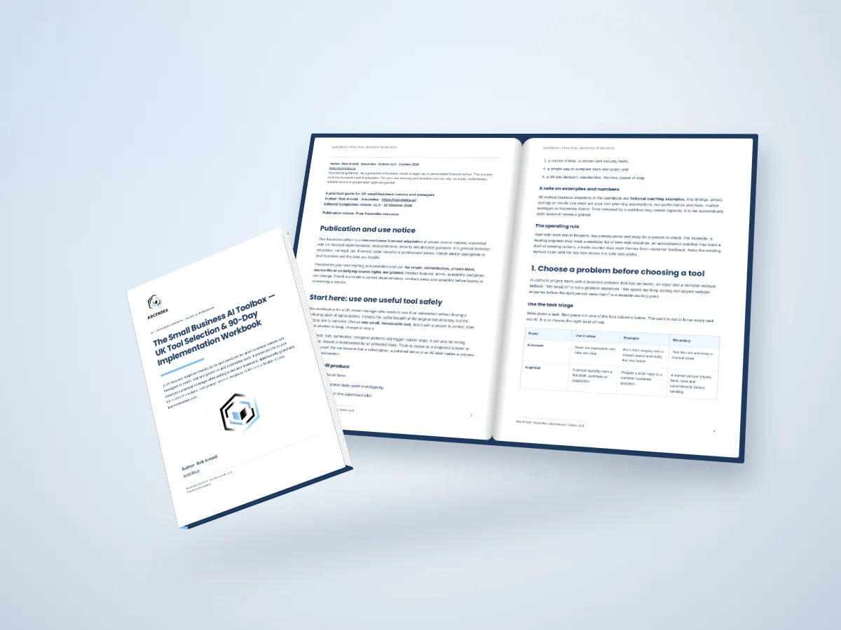 Open-book digital mockup showing pages 3 and 4 of The Small Business AI Toolbox — UK Tool Selection & 90-Day Implementation Workbook