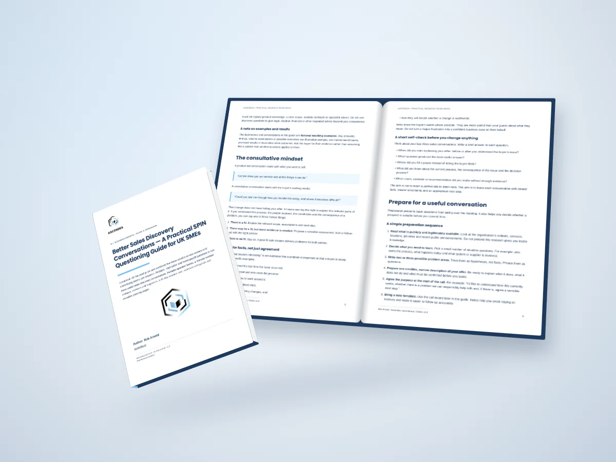 Open-book digital mockup showing pages 5 and 6 of Better Sales Discovery Conversations — A Practical SPIN Questioning Guide for UK SMEs