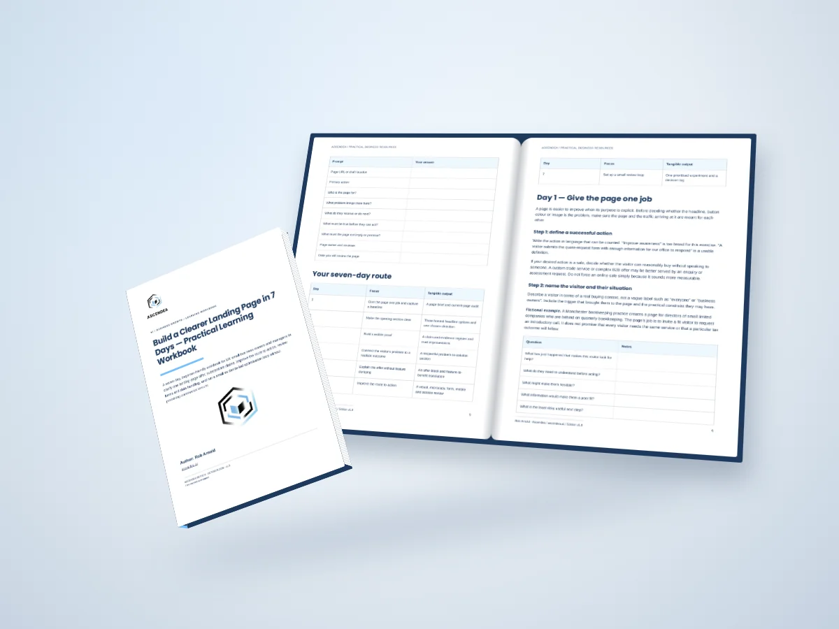 Open-book digital mockup showing pages 5 and 6 of Build a Clearer Landing Page in 7 Days — Practical Learning Workbook
