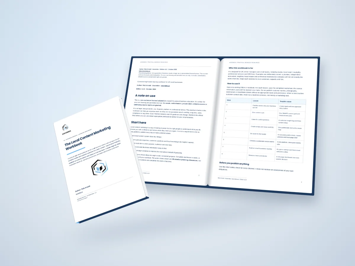 Open-book digital mockup showing pages 3 and 4 of The Local Content Marketing Workbook