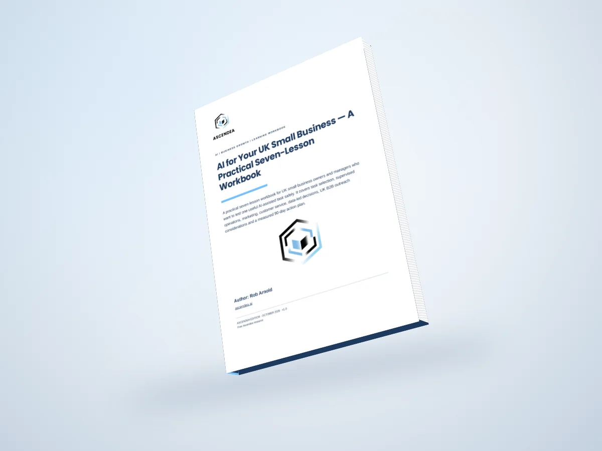 Digital 3D book mockup of AI for Your UK Small Business — A Practical Seven-Lesson Workbook