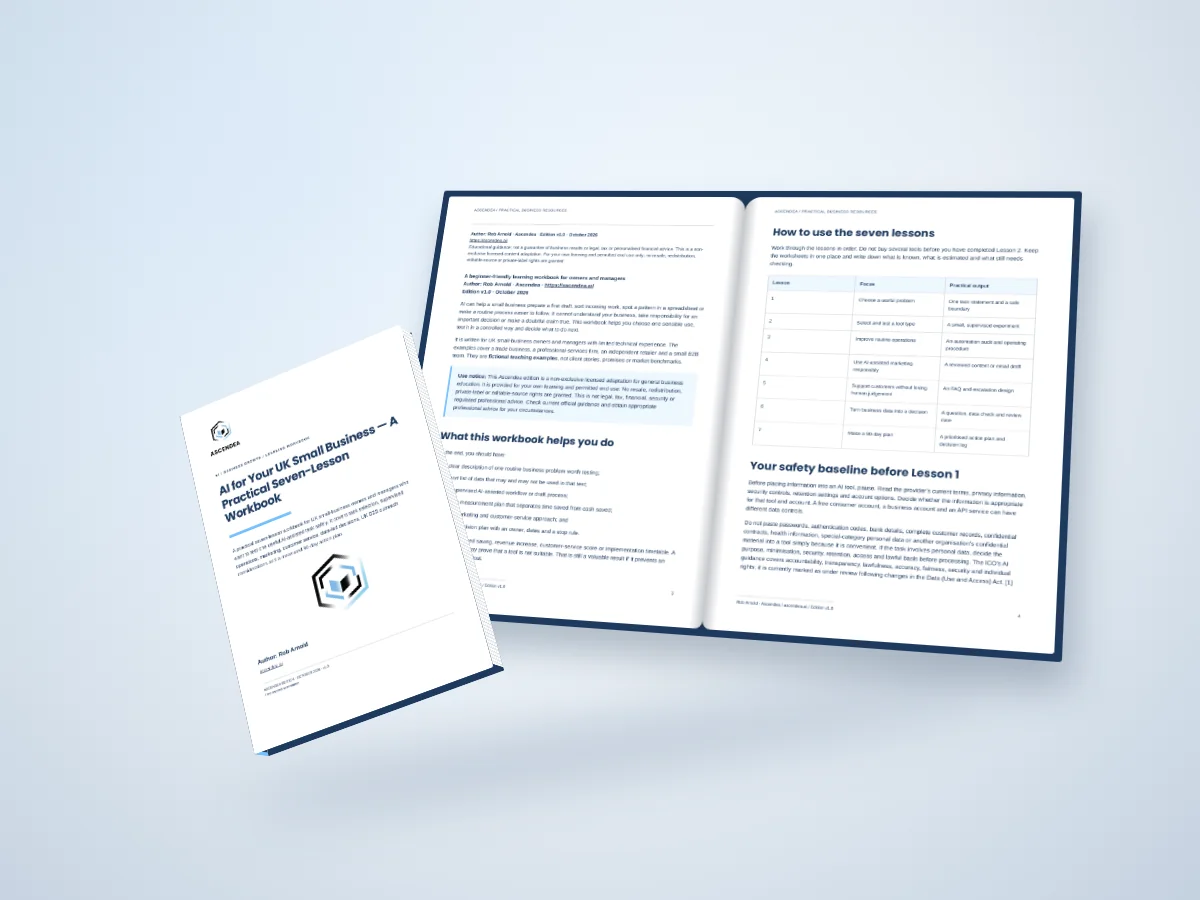 Open-book digital mockup showing pages 3 and 4 of AI for Your UK Small Business — A Practical Seven-Lesson Workbook