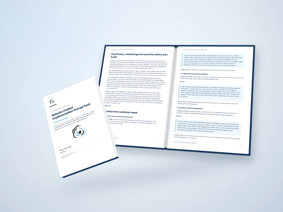 Open-book digital mockup showing pages 5 and 6 of Website Chatbot Implementation Prompt Pack