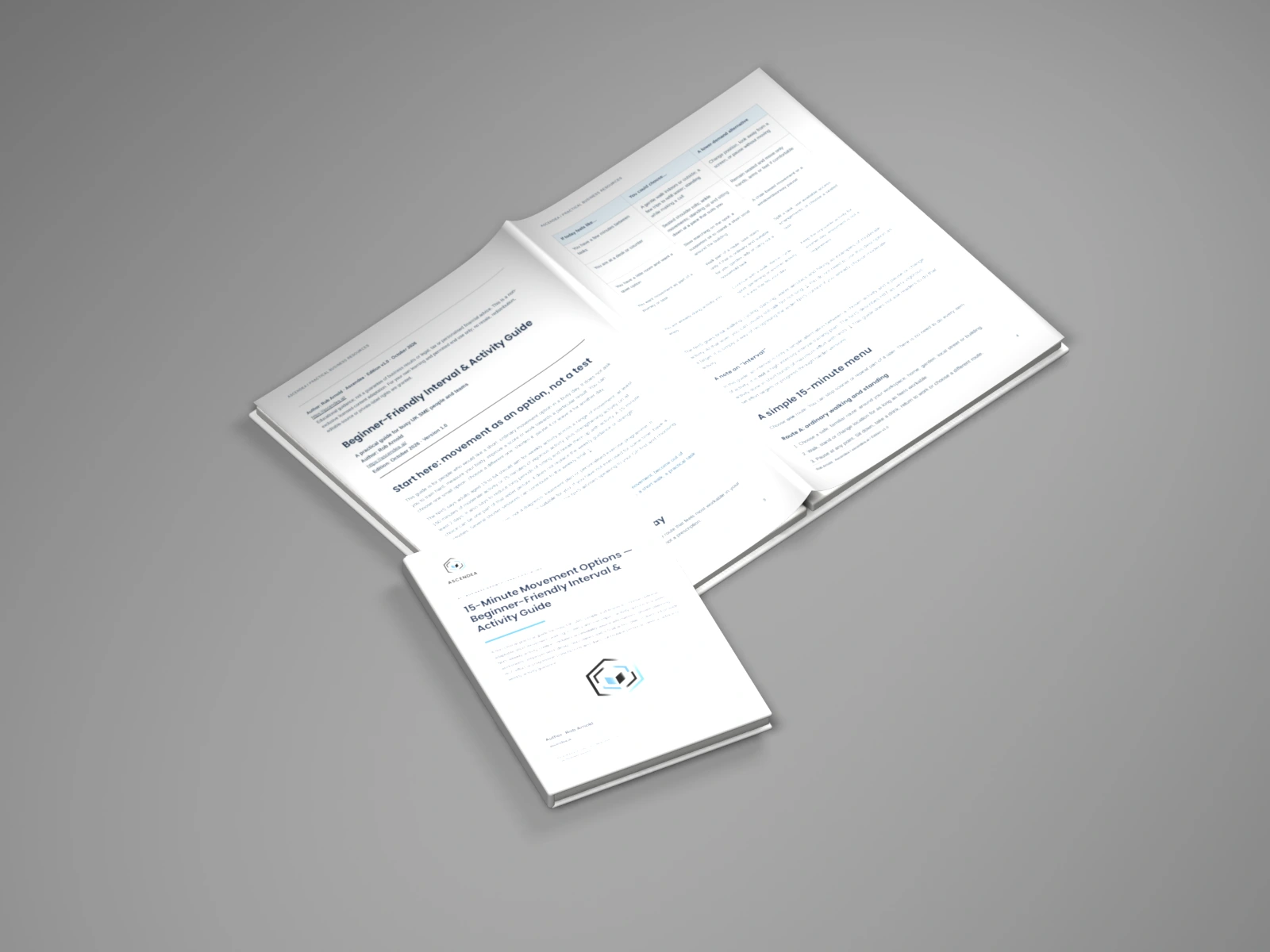 Open-book digital mockup showing pages 3 and 4 of 15-Minute Movement Options — Beginner-Friendly Interval & Activity Guide