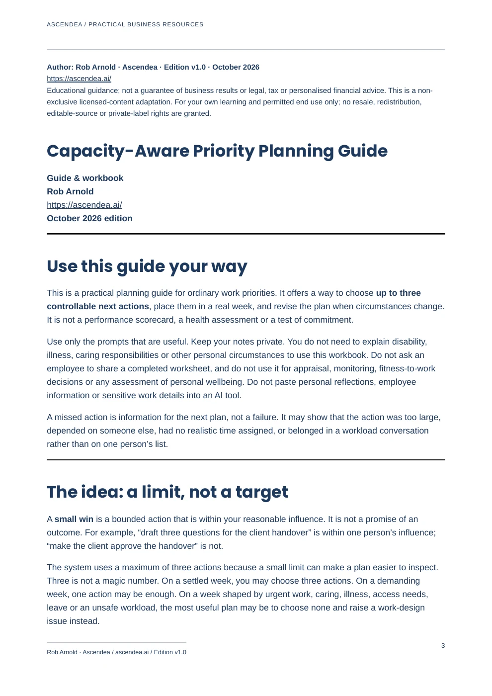 Preview of PDF page 3 from The Three Small Wins System — Capacity-Aware Priority Planning Guide