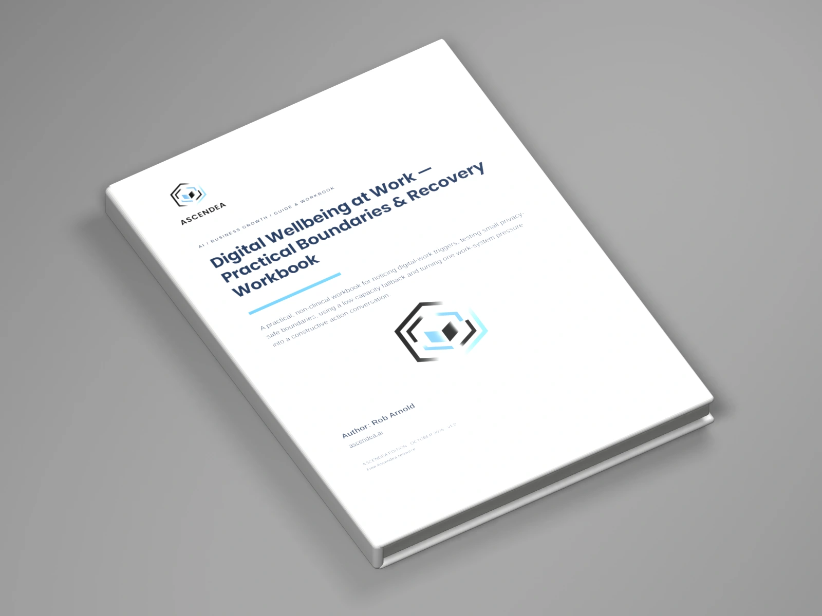 3D digital book mockup of Digital Wellbeing at Work — Practical Boundaries & Recovery Workbook