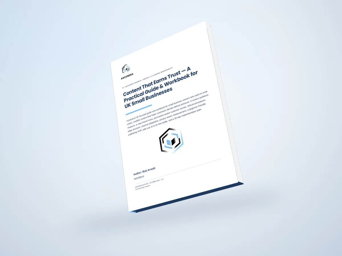 Digital 3D book mockup of Content That Earns Trust — A Practical Guide & Workbook for UK Small Businesses
